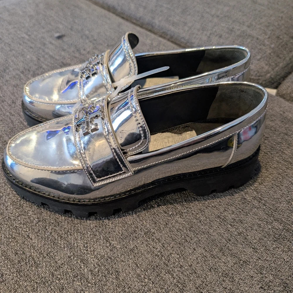 Tory Burch Silver Metallic Lug Sole Loafers